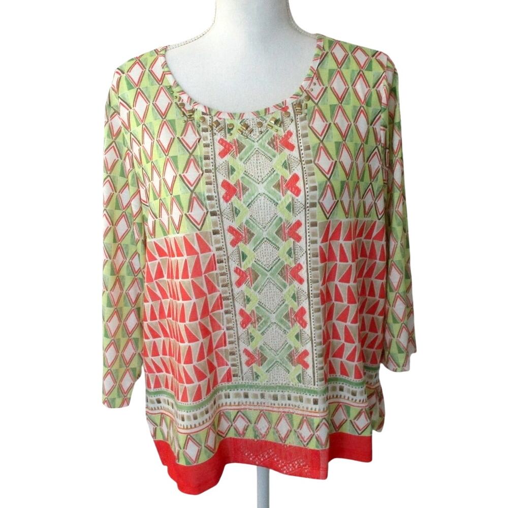 Alfred Dunner Women's Petite 3/4 Sleeve Green & Pink Beaded Shirt Size PL
